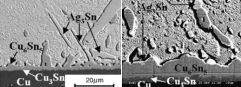 不同老化时间的Cu6Sn5和Ag3Sn结构。左: 24小时；右: 2400小时